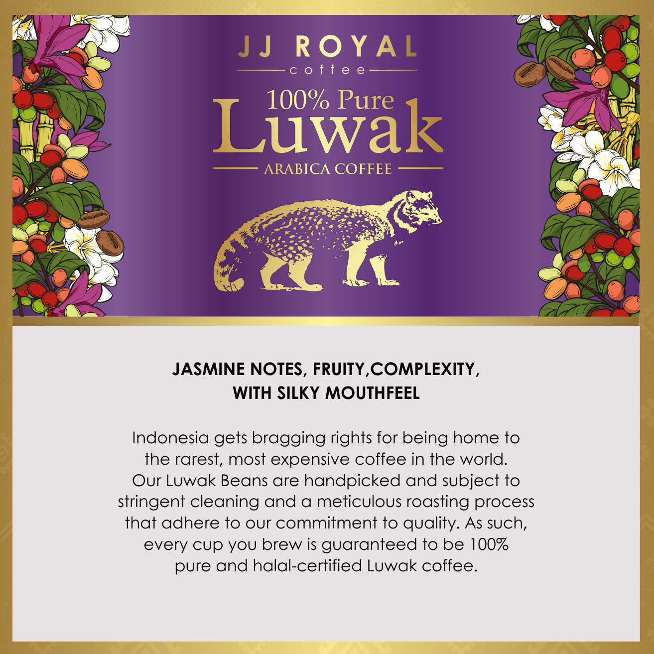 100% Pure Luwak Arabica Coffee (Whole Bean Coffee) 100g | JJ Royal 100% Pure Luwak Arabica Coffee (Whole Bean Coffee) 100g | JJ Royal