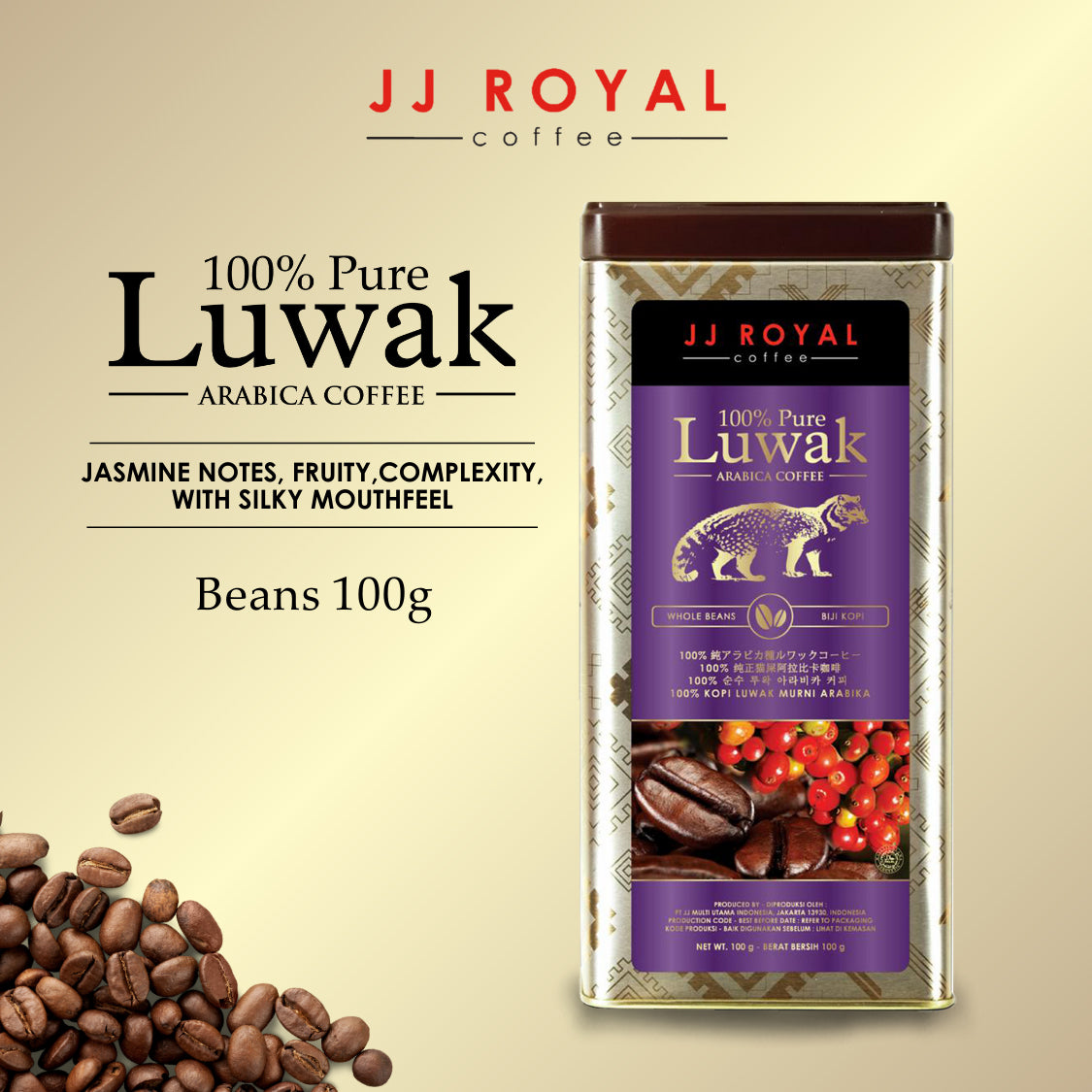 100% Pure Luwak Arabica Coffee (Whole Bean Coffee) 100g | JJ Royal